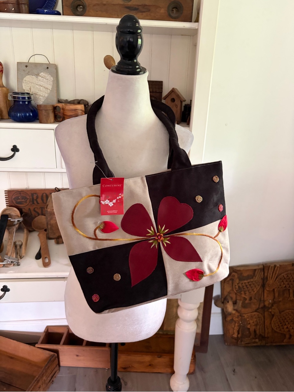 Concubine Beige & Black Floral Patchwork Tote Bag with Red Accents